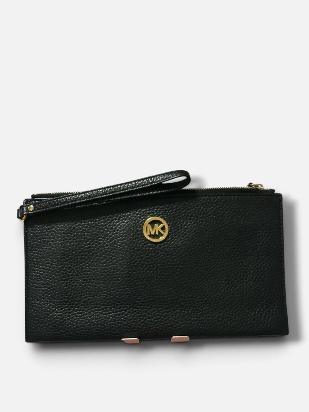 Michael Kors Black Pebbled Leather Wristlet Clutch with Gold MK Emblem